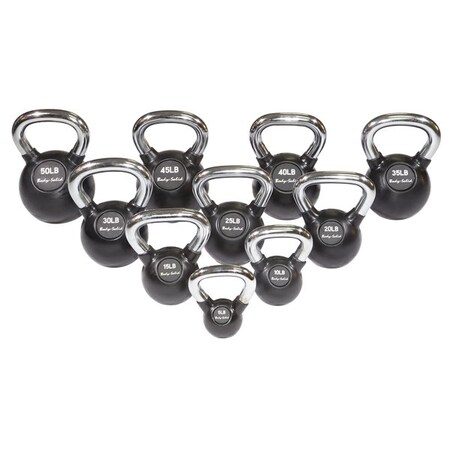 Body-Solid Rubber Coated Kettlebell (KBCS105PACK) with Kettle Grip Chrome Handle, Kettlebells for Weight Training and Core Workout Exercise Equipment with 3-Tier Kettle Bell Rack, Set 5-30 lbs.